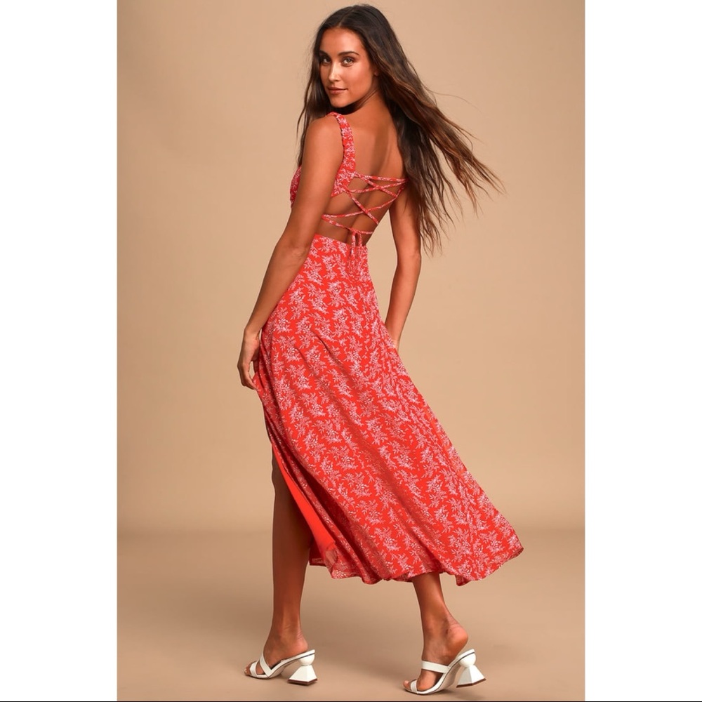 NWOT Lulus Back to Backless Red Print Lace-Up Backless Dress Medium